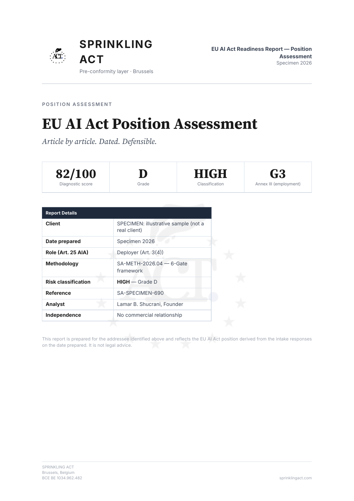 EU AI Act Position Assessment specimen report (illustrative sample)